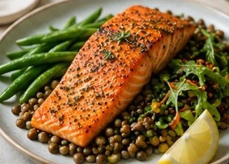 Medittranean salmon with lentil arugula salad and lemon green beans.jpg