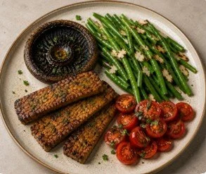 Marinated Seared Tempeh w/Grilled Portobello Mushroom & Green Bean Almondine
