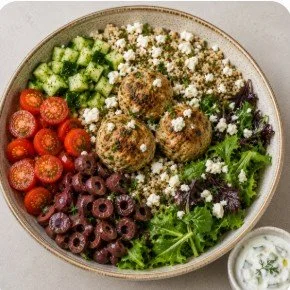 Quinoa Bowl w/ Mediterranean Turkey Meatballs