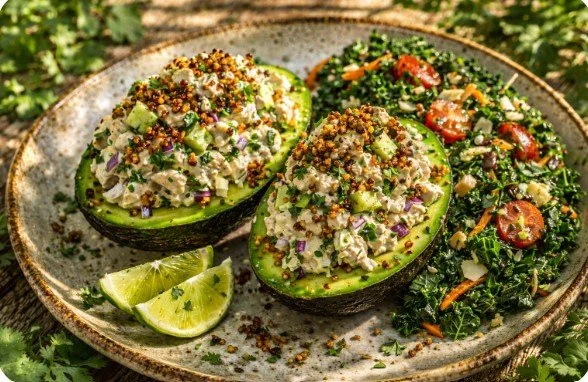 Chicken salad stuffed avocados with kale salad.jpg