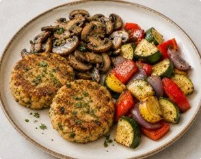 White Bean & Herb Cakes w/ Sautéed Mushroom & Roasted Vegetables