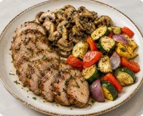 Grilled Garlic Rosemary Pork Tenderloin w/ Sautéed Mushroom & Roasted Vegetable