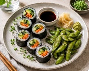 Vegetable sushi roll with spicy garlic ginger edamame.jpg