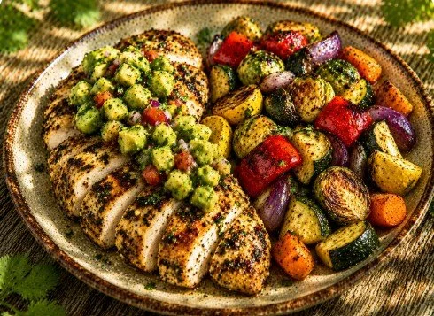 Grilled Chicken Breast with avocado salsa with roasted veggies.jpg