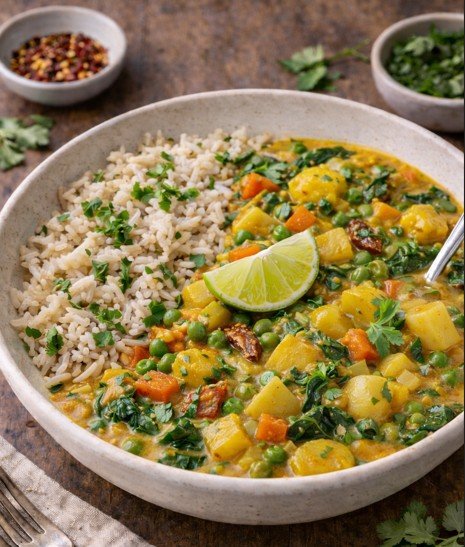 Indian Coconut Vegetable Curry Served with Basmati Rice.jpg