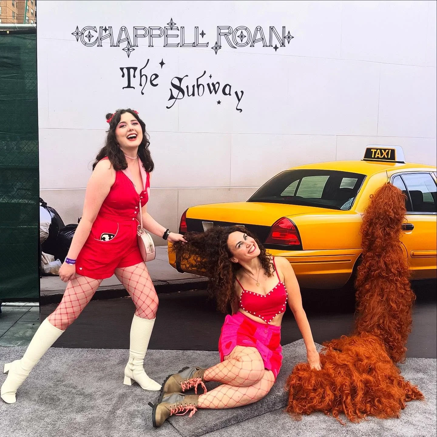 Just our two vocalists getting into character for &ldquo;The Subway&rdquo; before doing our market research at the @chappellroan popup @foresthillsstadium
.
.
.
.
#chappelroan #pinkpony #nycconcerts #thesubway #coverband