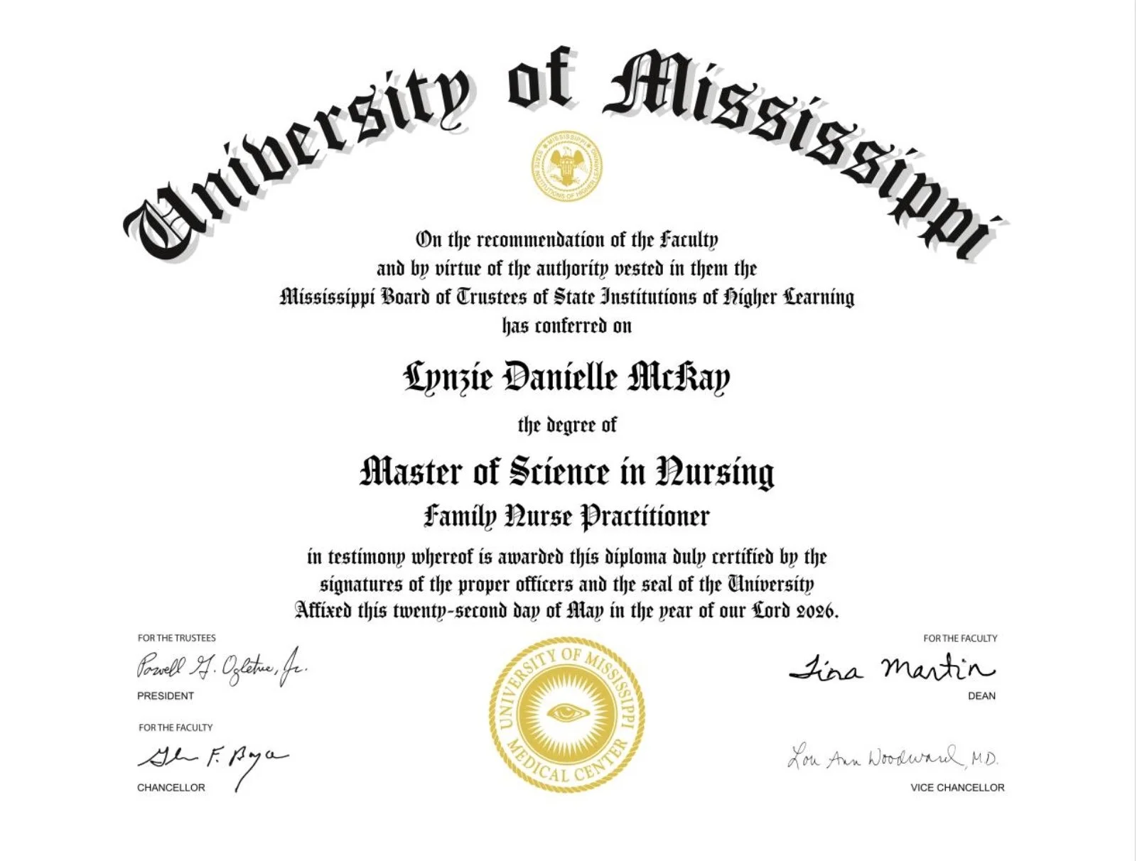 Diploma from the University of Mississippi, awarded to Lynzie Danielle McKay for a Master of Science in Nursing, signed by university officials and featuring a gold seal.