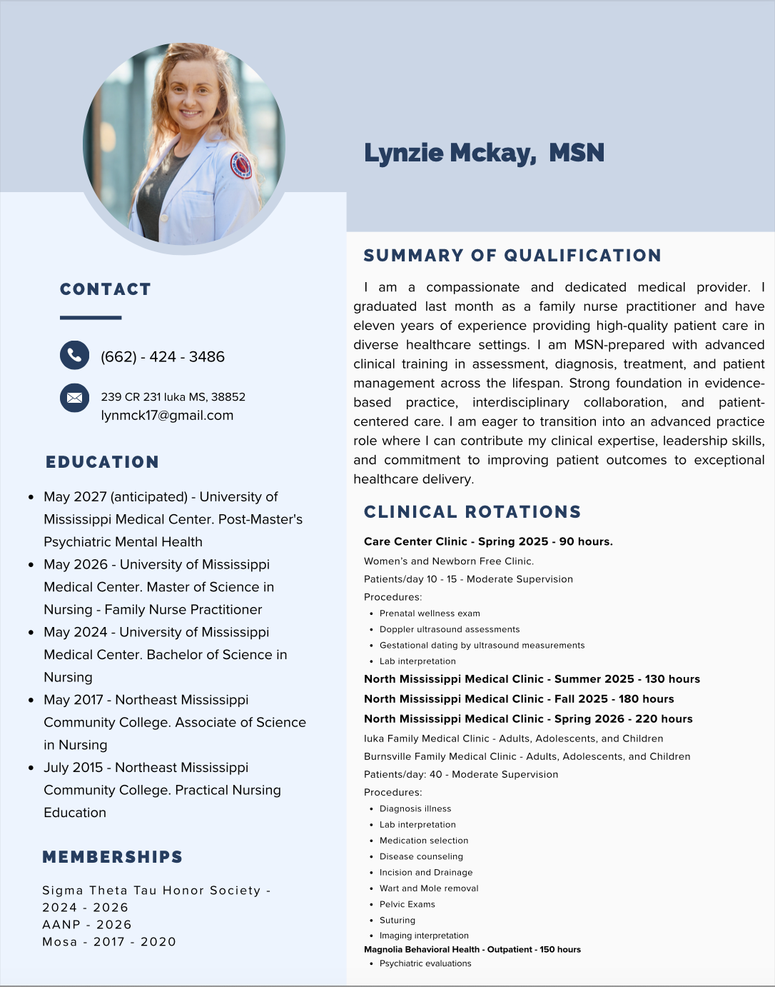 A professional and well-organized medical resume or CV for Lynzie Mckay, MSN, featuring her photo, contact information, education, memberships, a summary of qualifications, and details of her clinical rotations.