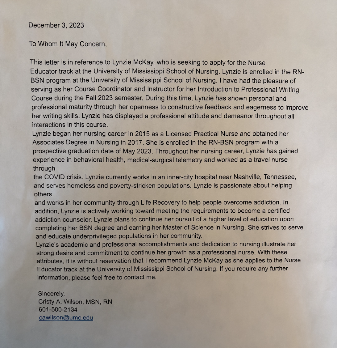 Letter dated December 3, 2023, recommending Lynzie McKay for the Nurse Educator track at the University of Mississippi School of Nursing, highlighting her academic achievements, nursing experience, community work, and professional dedication. The letter is signed by Cristy A. Wilson, MSN, RN, with contact information.