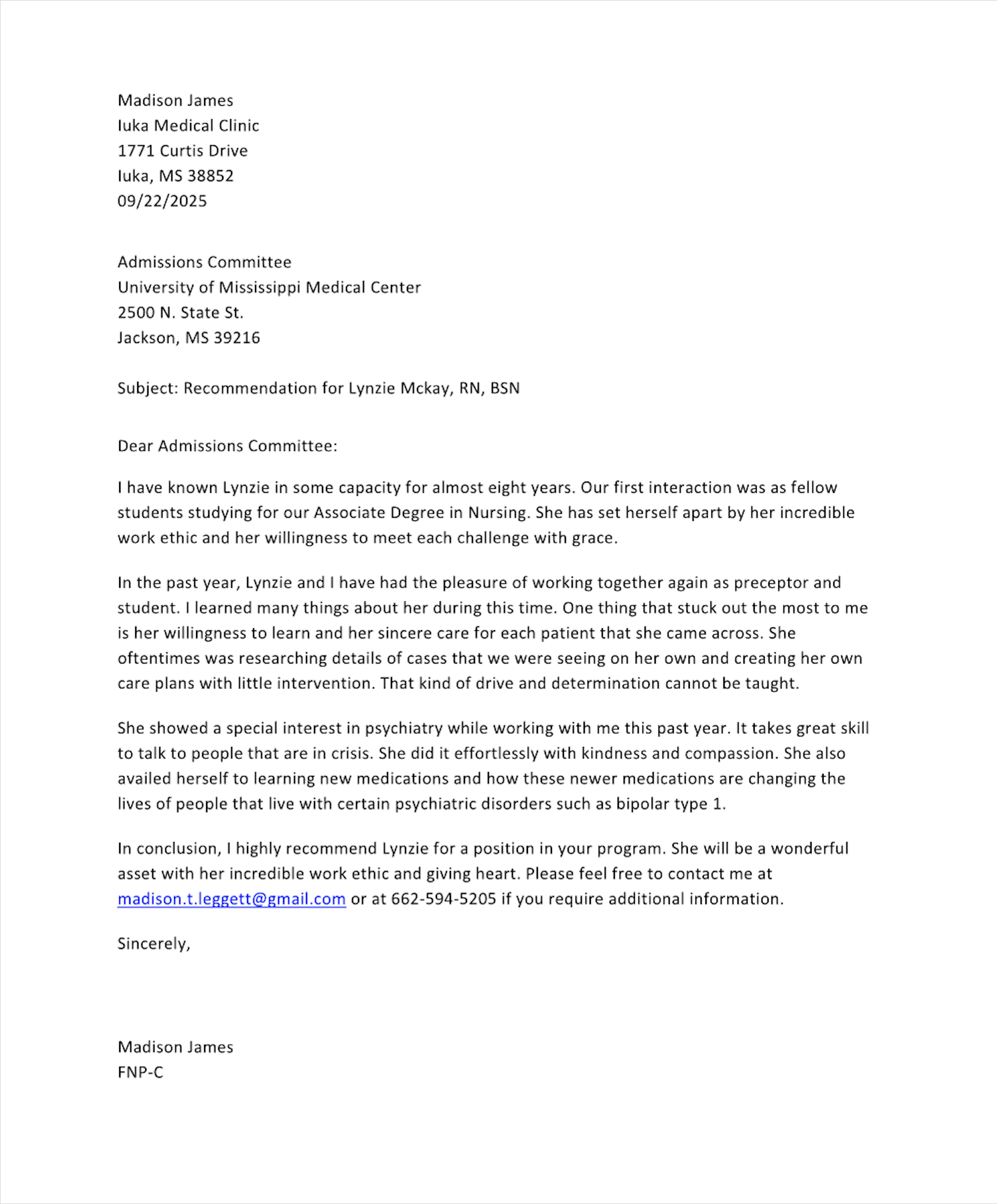 A letter addressed to the Admissions Committee at the University of Mississippi Medical Center, recommending Lynzie Mckay for a position. Signed by Madison James, FNP-C, with contact information including an email address and phone number.