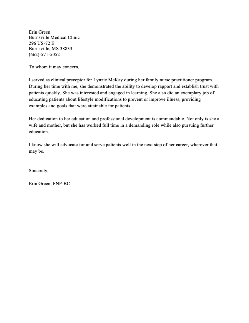 Letter of recommendation for Lynzie McKay praising her dedication, professionalism, and ability to develop rapport with patients, written by Erin Green.