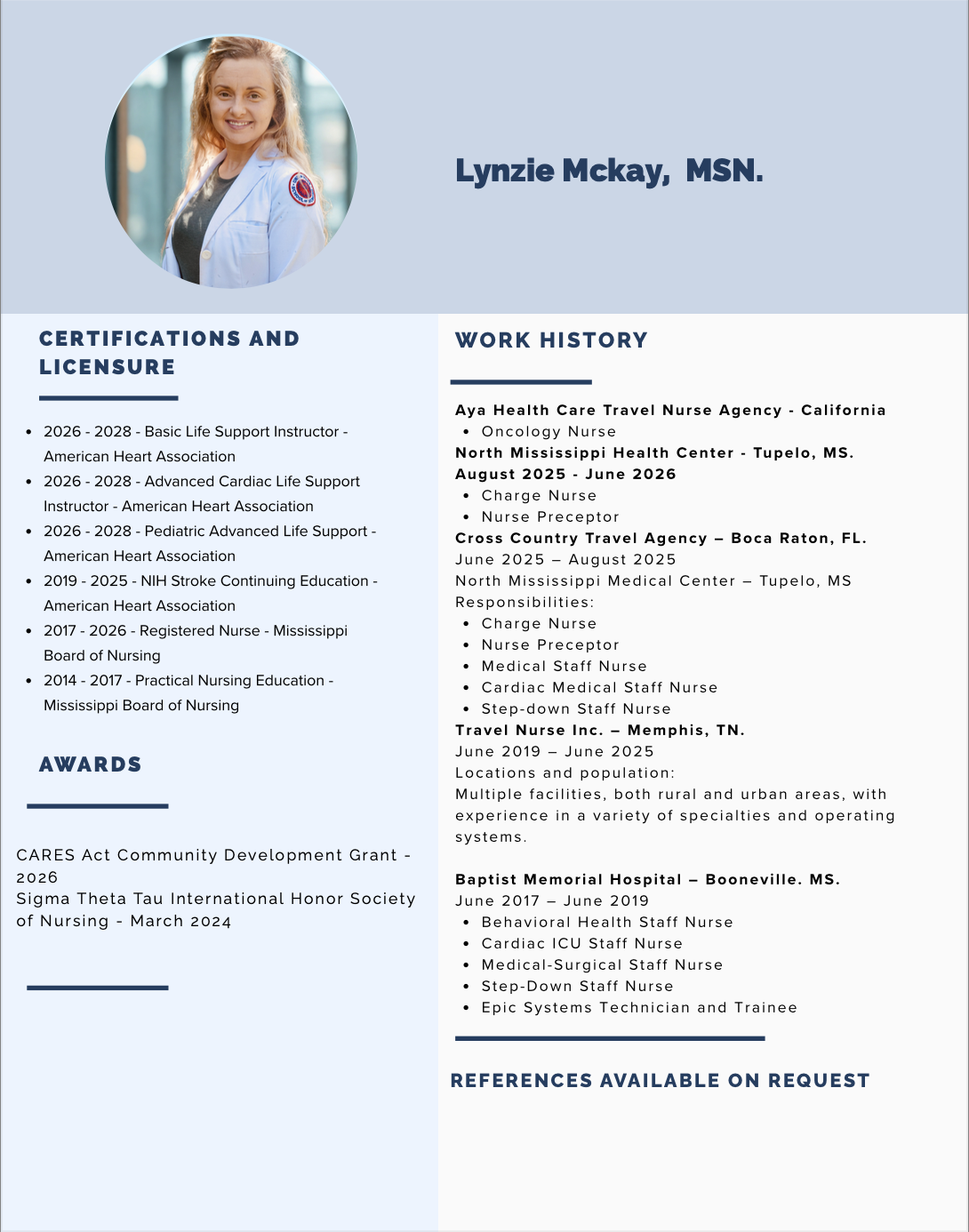 A professional job resume for Lynzie Mckay, MSN, featuring her photo, certifications, work history, awards, and references.