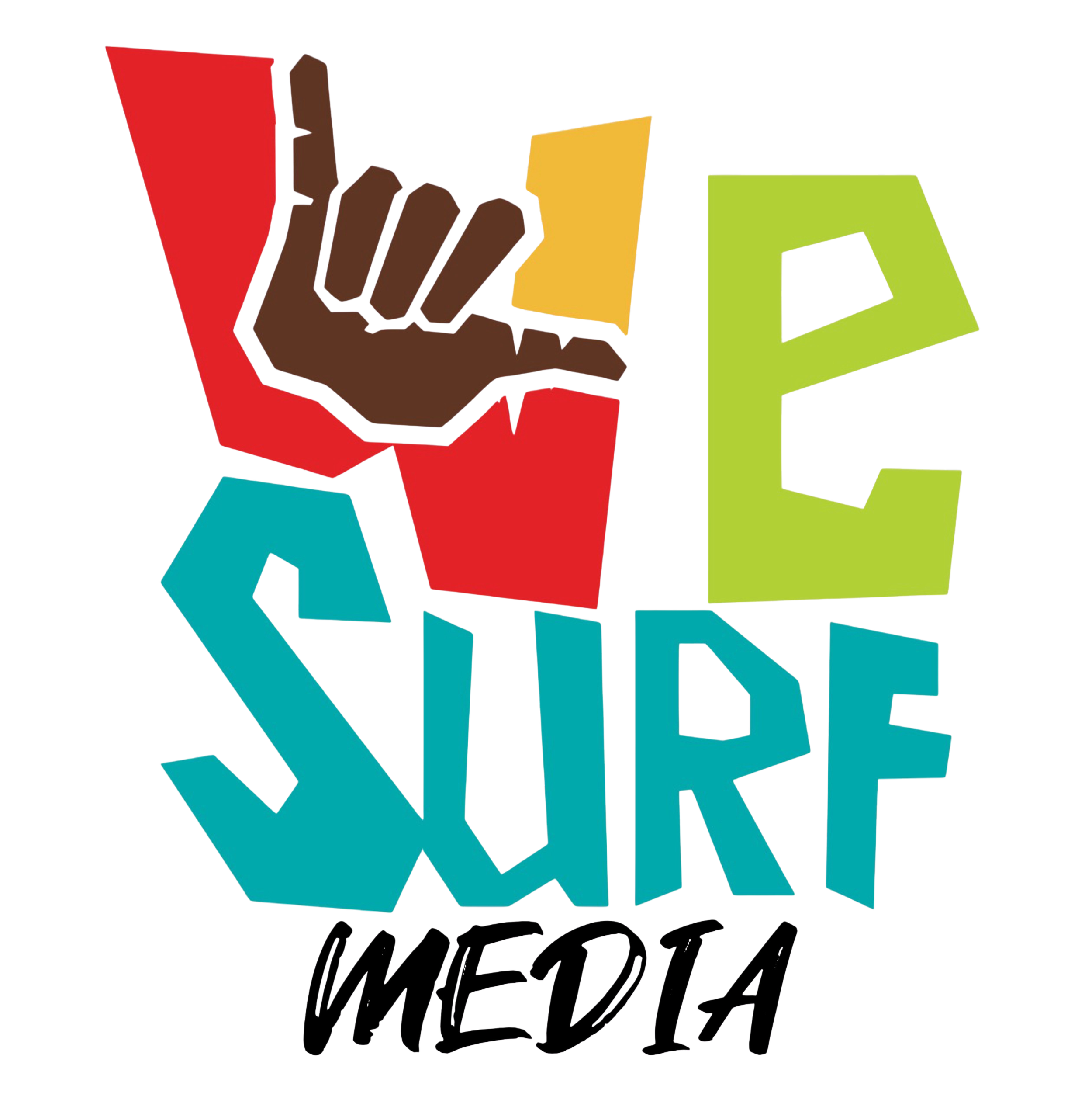 Colorful 3D text spelling 'WESURF MEDIA' with a shaka icon above the word 'SURF'.