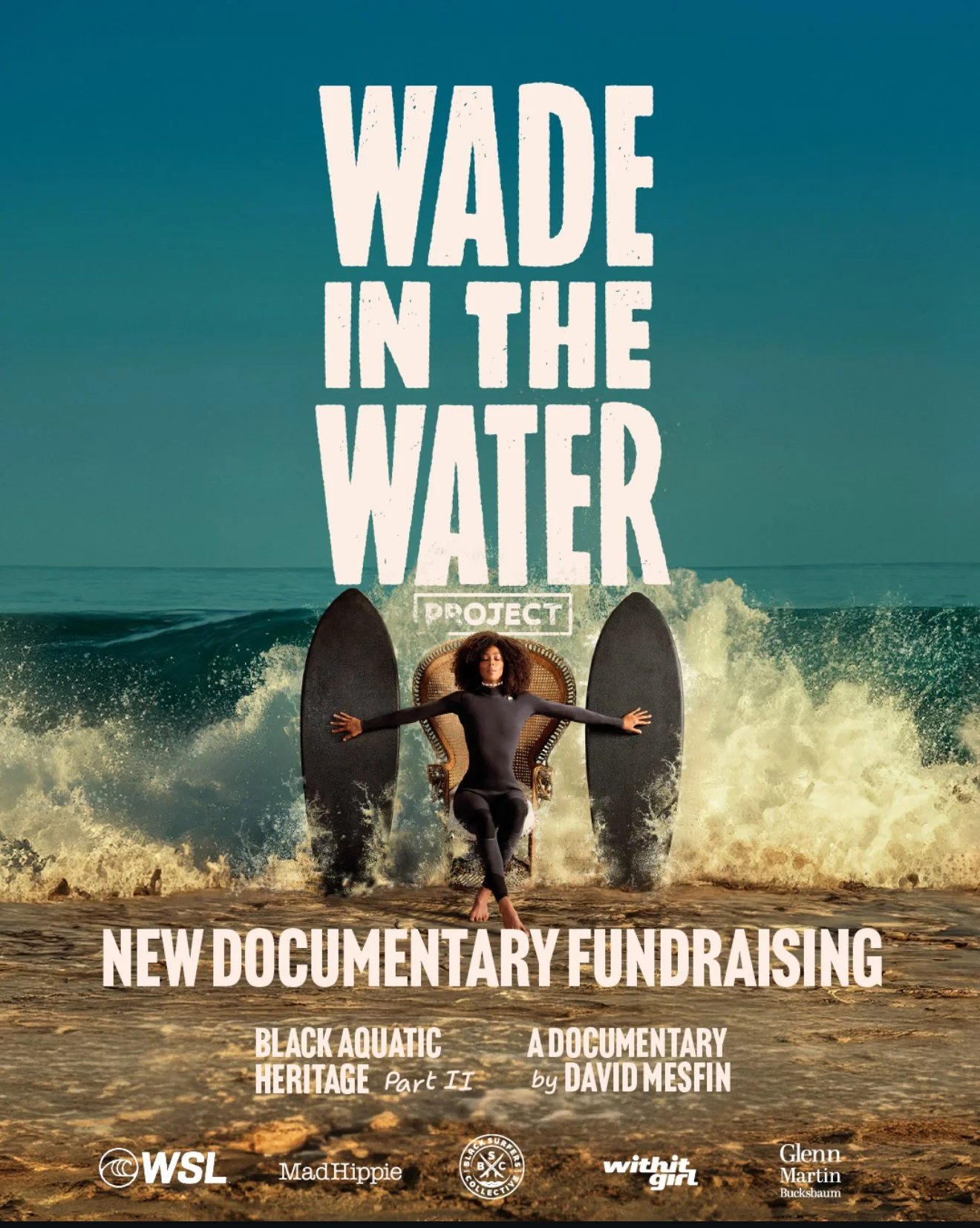 Poster for the documentary 'Wade in the Water Project,' featuring a woman sitting in a meditative pose with arms outstretched in front of a background of ocean waves and a large wave crashing behind her. Text on poster includes details about the documentary and fundraising event.