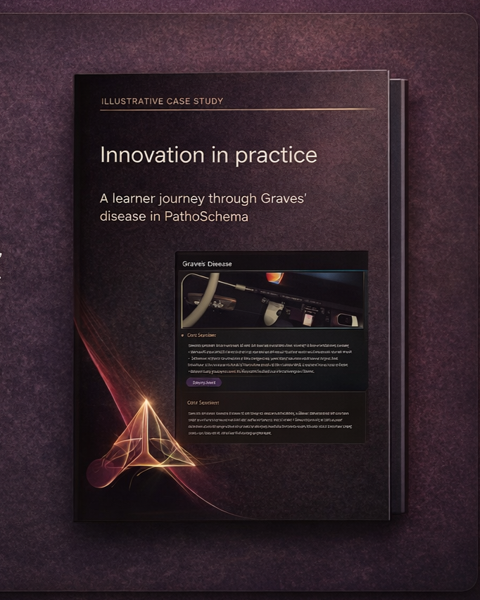A book titled 'Innovation in Practice,' featuring a subtitle about Graves' disease in PathoSchema, with an abstract light design on a dark background.