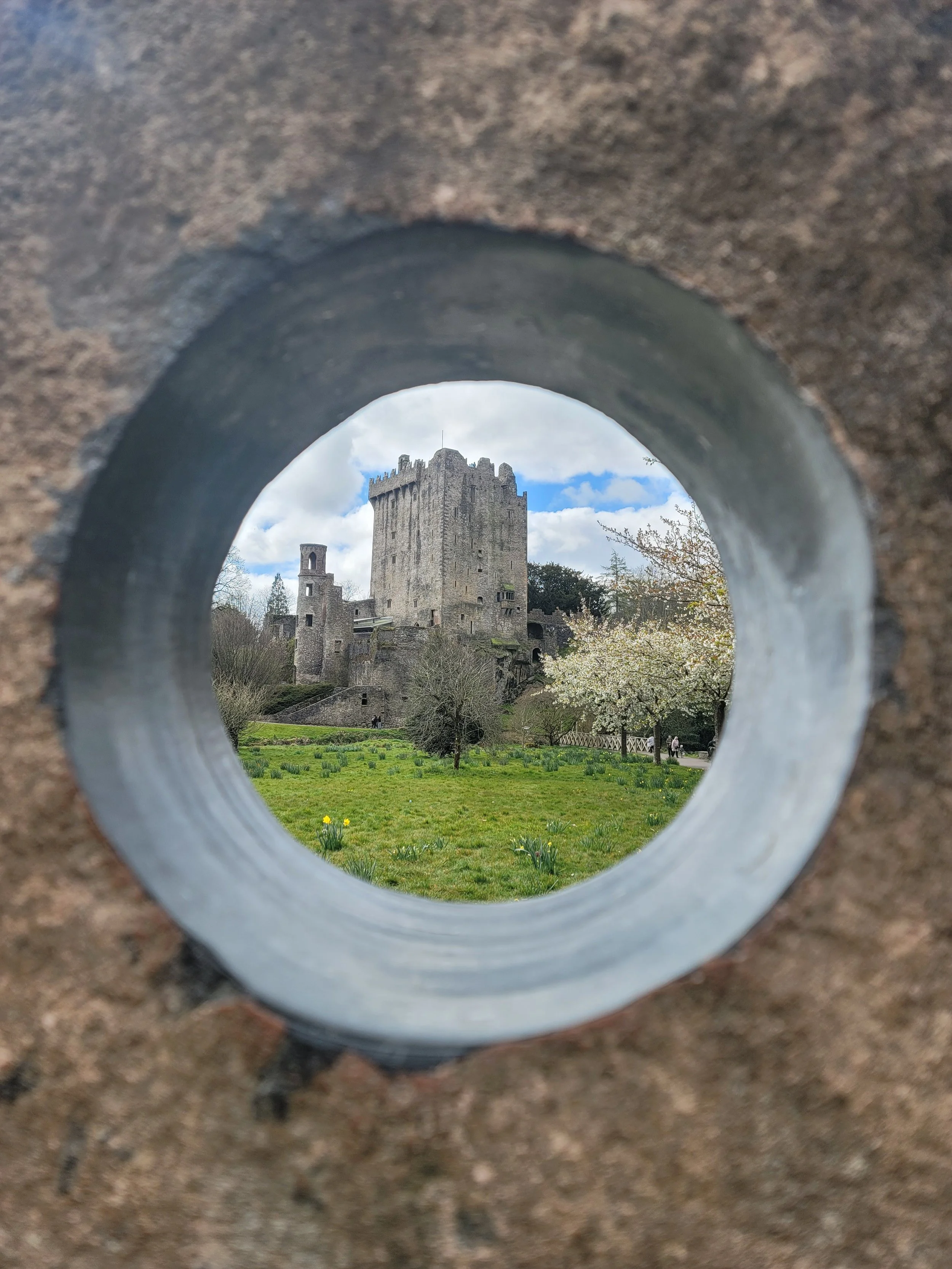 A castle viewed through a circular hole in a stone wall with grass, flowers, trees, and cloudy sky in the background.