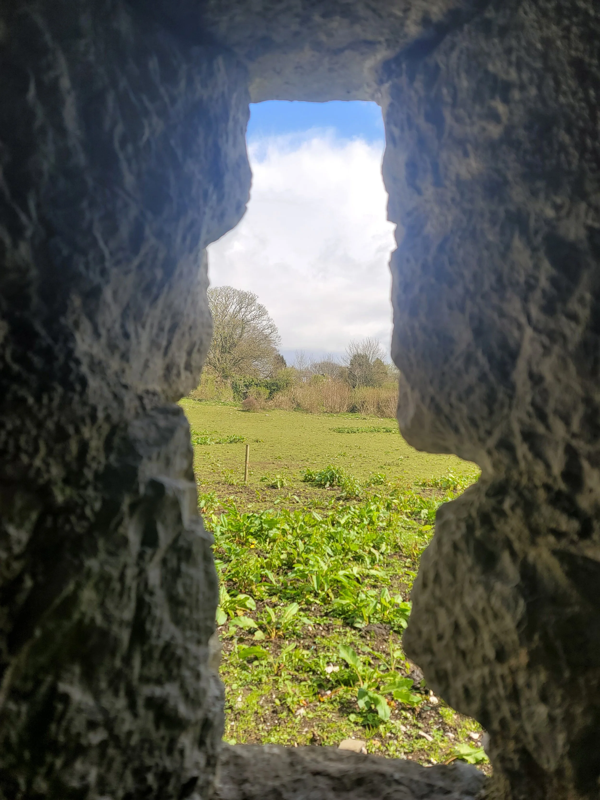 View of a field with green plants and trees through a small rectangular opening in a stone wall.