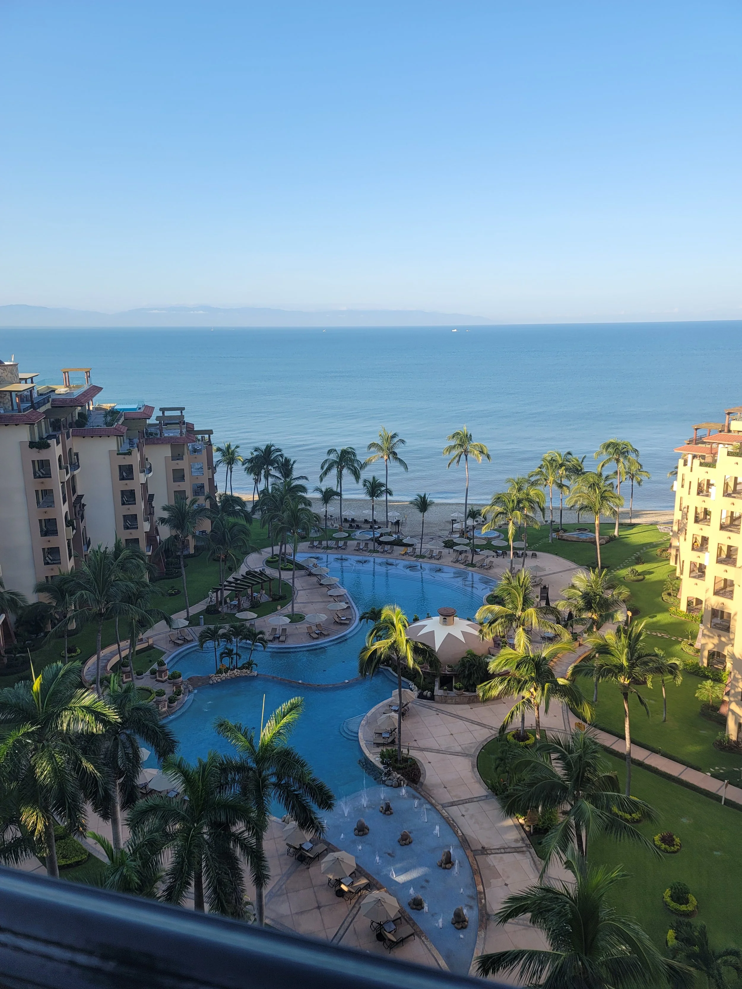 A view of a hotel pool area with palm trees, lounge chairs, and umbrellas, overlooking the beach and ocean under a clear blue sky.