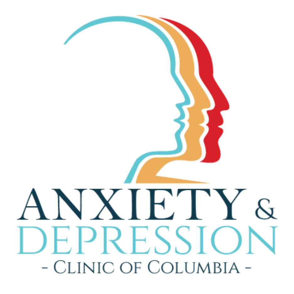 Logo for Anxiety & Depression Clinic of Columbia featuring stylized profiles of four overlapping human faces in blue, tan, and red, with the clinic name written below.
