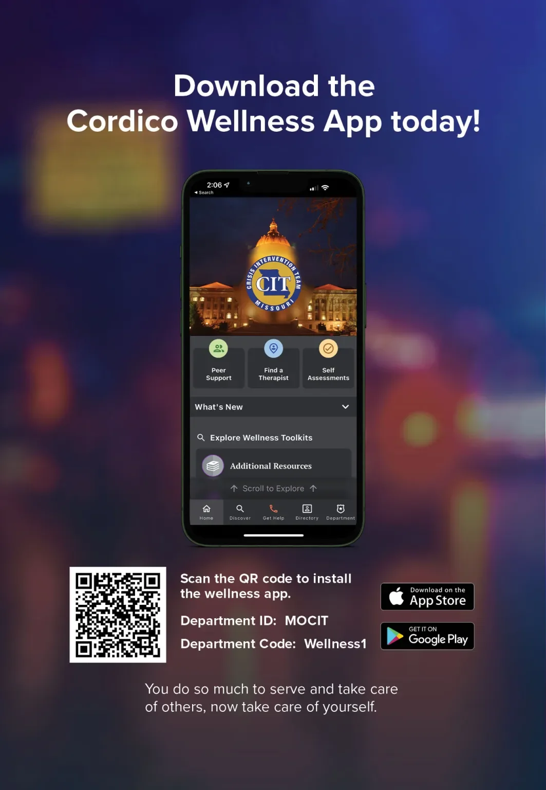 A promotional flyer for the Cordico Wellness App showing a smartphone screen with app features, a QR code for download, and download links for the App Store and Google Play. The background is blurred with colorful lights.