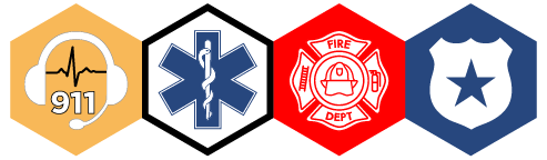 Four emergency service icons: a yellow heart with '911', a blue Star of Life medical symbol, a red fire department badge, and a blue shield with a star.