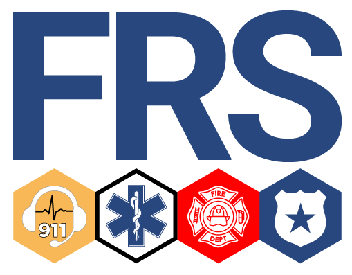 The image features the acronym 'FRS' in large blue letters at the top, with four emergency service icons below it: a yellow icon with a heartbeat and '911' symbol, a blue star of life, a red fire department helmet with 'FIRE DEPT' written, and a blue shield with a white star.