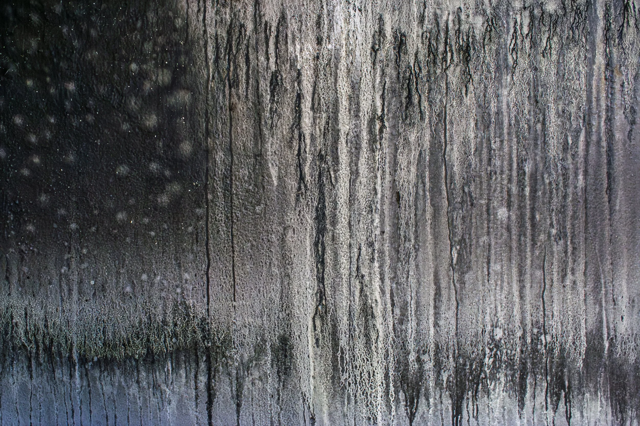 Close-up of a weathered, damp wooden surface with vertical streaks of water and moss.