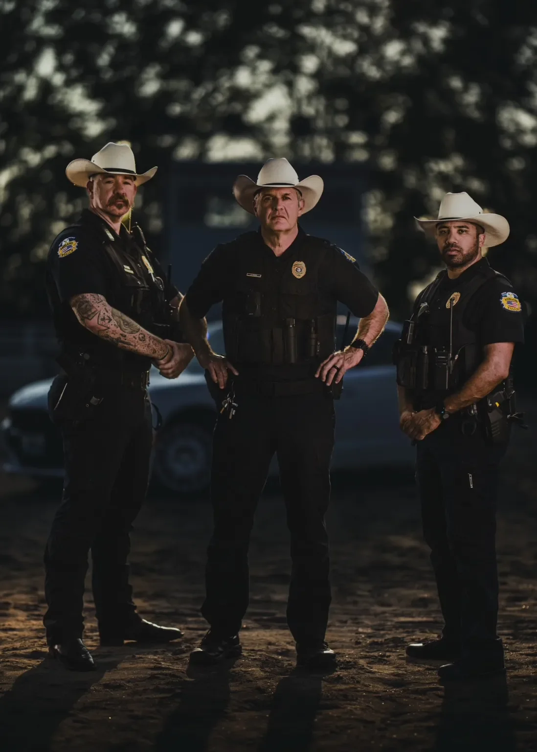Three police officers in cowboy hats standing outdoors at dusk, with cars in the background.