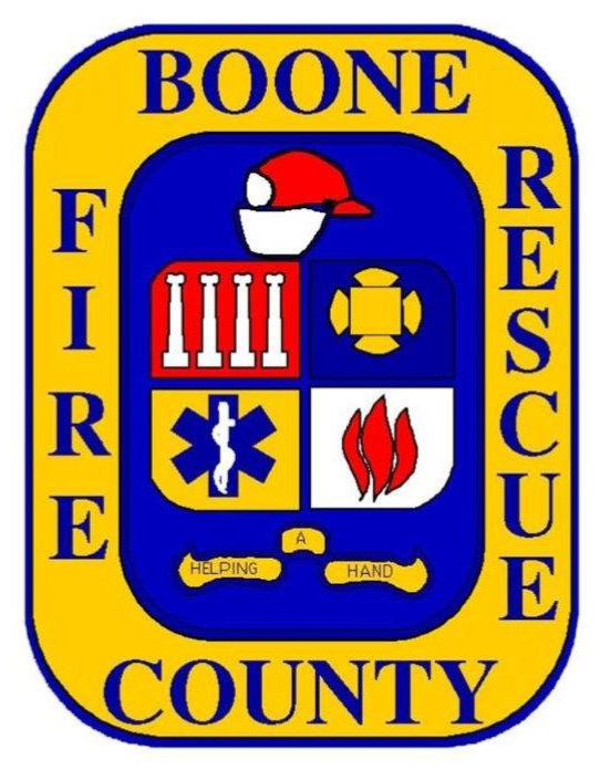 Badge for Boone Fire Rescue County featuring symbols for fire, medical, and rescue services, with the words "Fire Rescue County" and "Helping Hand."