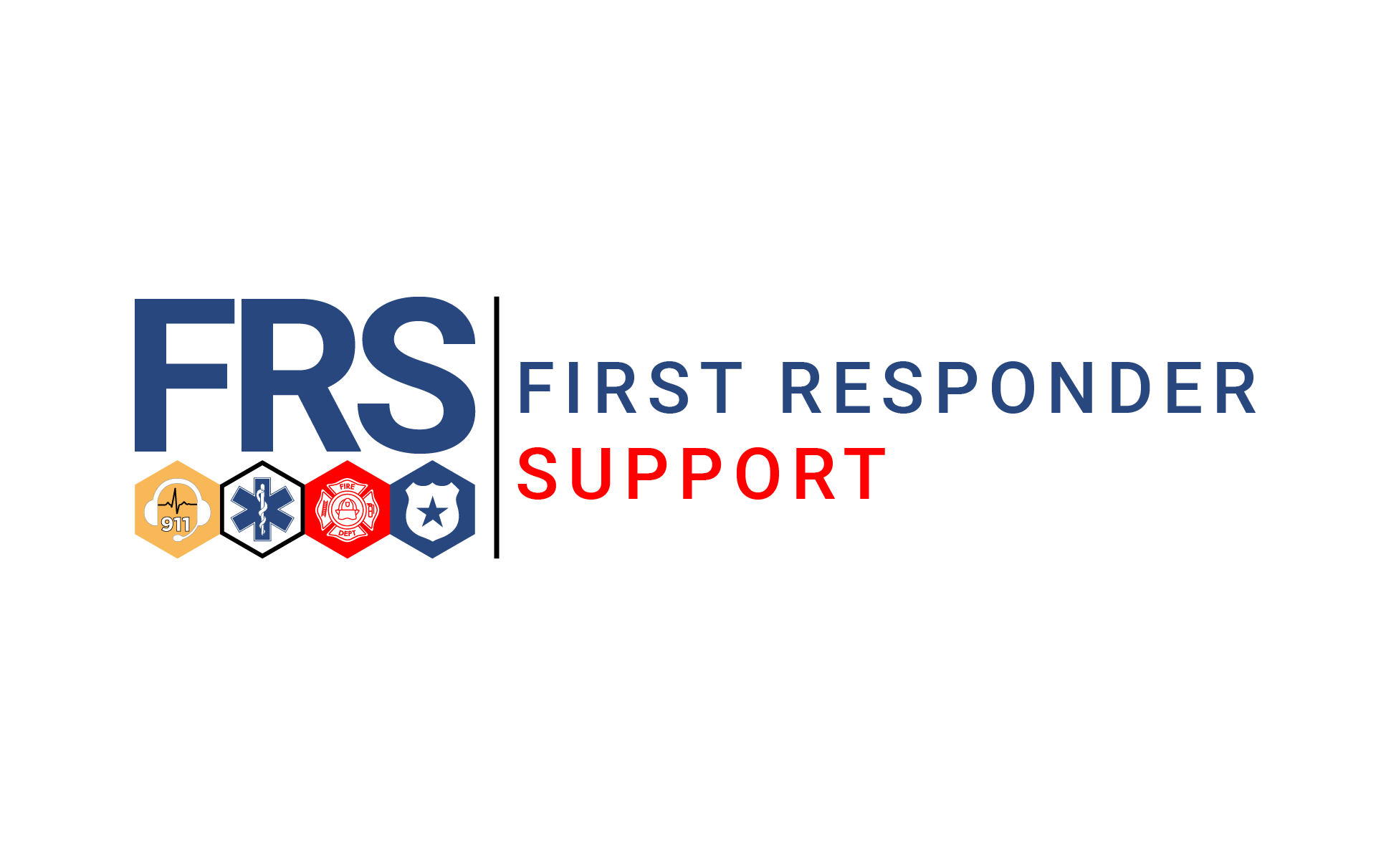 Logo for First Responder Support, featuring icons for 911, ambulance, fire department, and police