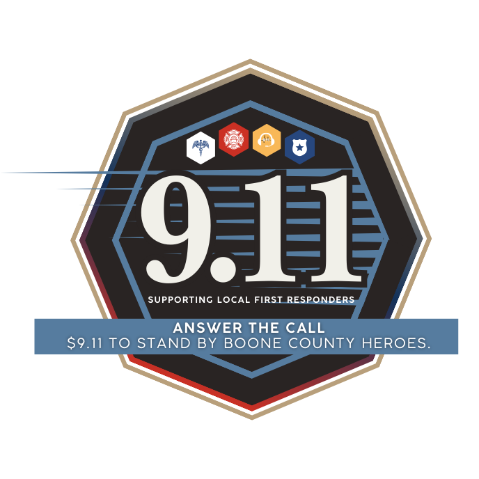 Graphic commemorating 9.11 supporting local first responders, with symbols of emergency services at the top, and a blue banner to answer the call with a fundraising goal of $9.11 for Boone County heroes.