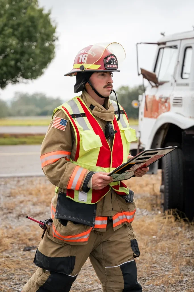 A firefighter in uniform holding a clipboard and standing near a fire truck.