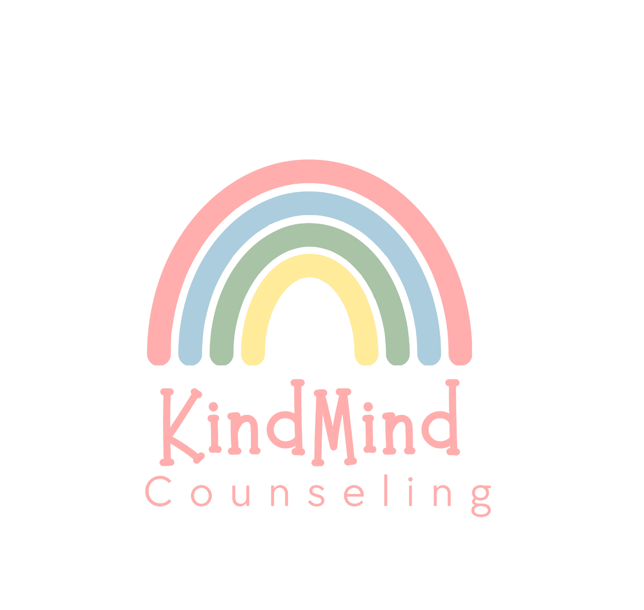 A rainbow with pink, blue, green, and yellow arcs, above the text 'KindMind' in pink letters, with 'counseling' in smaller pink letters below.