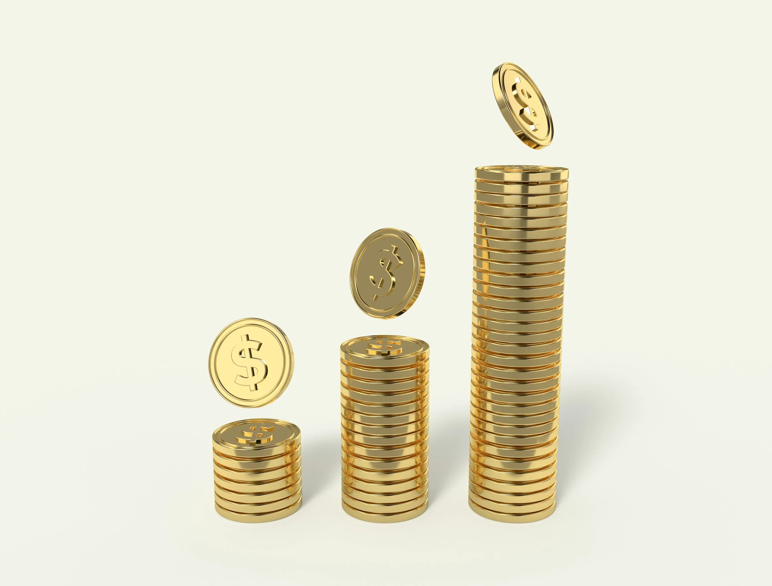 Stacked gold coins with dollar signs, arranged in ascending order, some coins are falling.