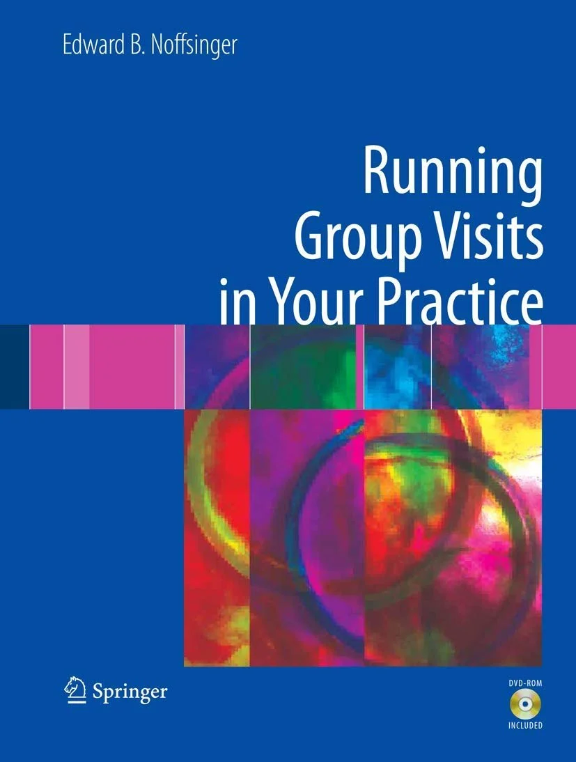 Cover of a book titled 'Running Group Visits in Your Practice' by Edward B. Noffsinger, published by Springer, featuring colorful abstract artwork.