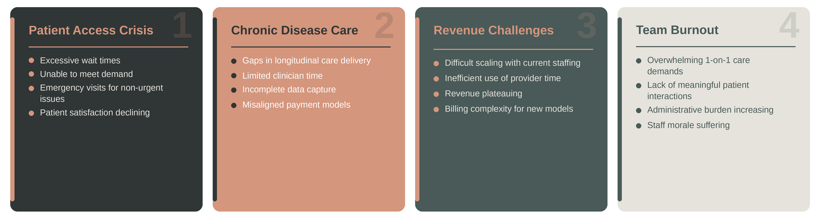 Health care challenges addressed by Shared Medical Appointments, including patient access, chronic disease care, revenue challenges, and team burnout