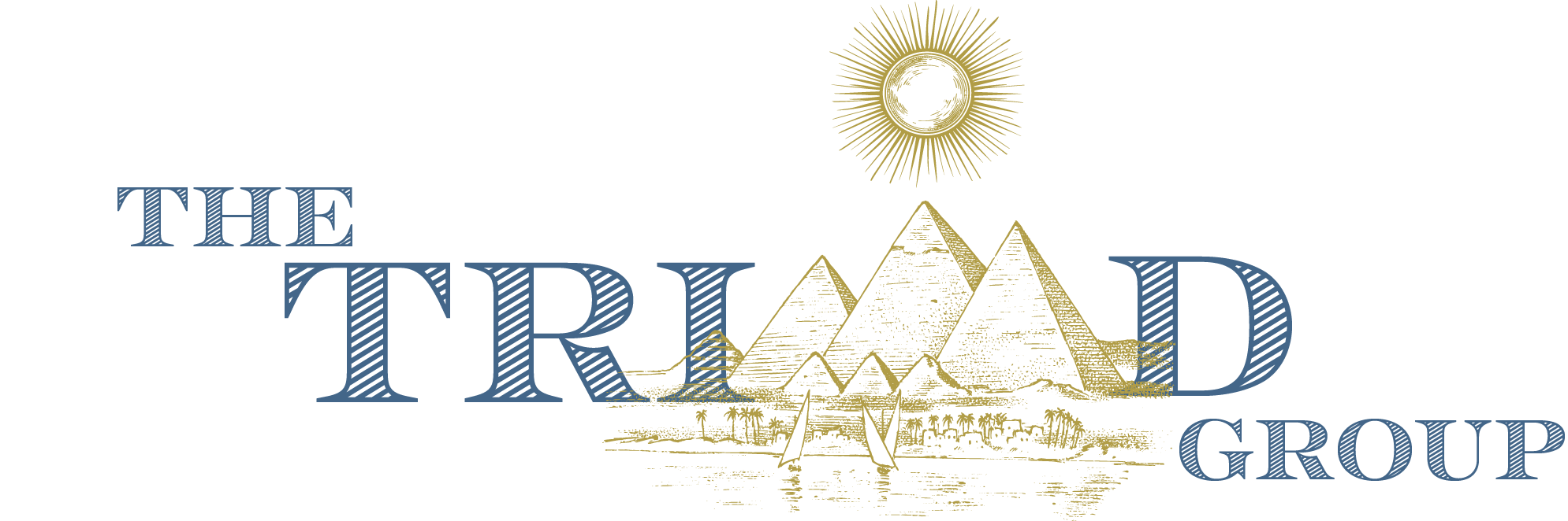 Logo for The Tread Group featuring a stylized scene with pyramids, sailboats, and a sun with radiating lines.