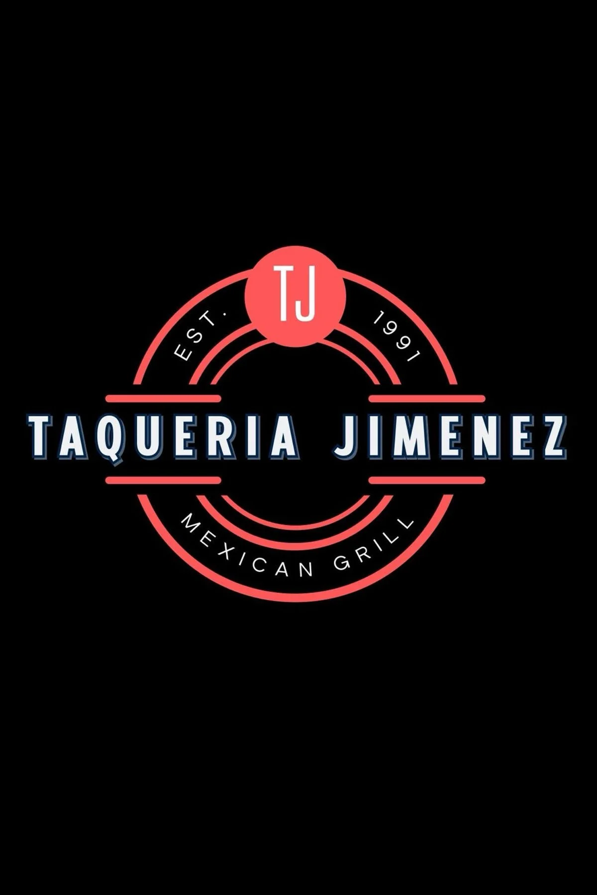 Logo for Taqueria Jimenez, a Mexican grill established in 1991, with a black background and red, white, and blue design elements.