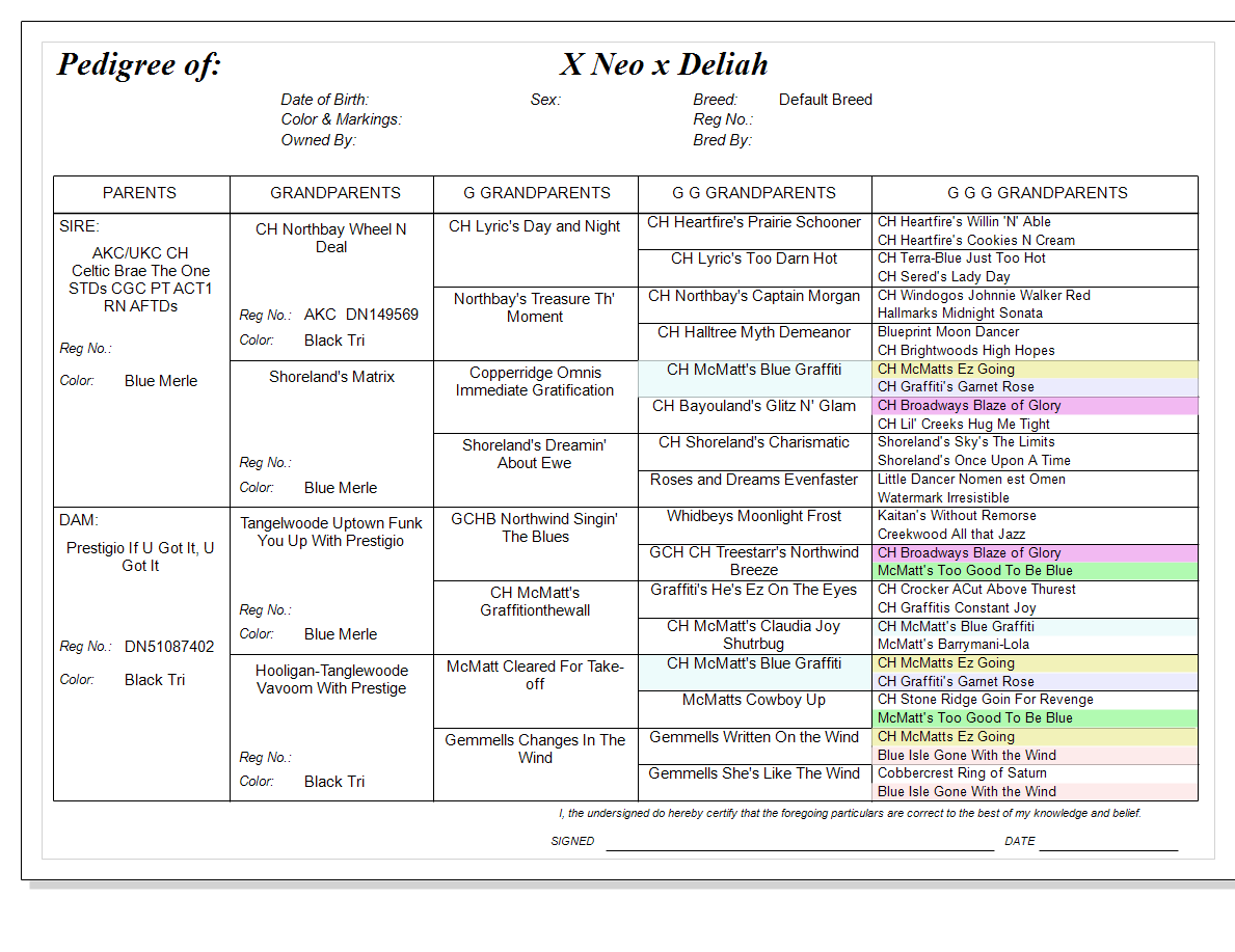 A detailed dog pedigree chart listing the lineage, breed, colors, and registration numbers of the dog's ancestors, including their names, titles, and notable achievements.