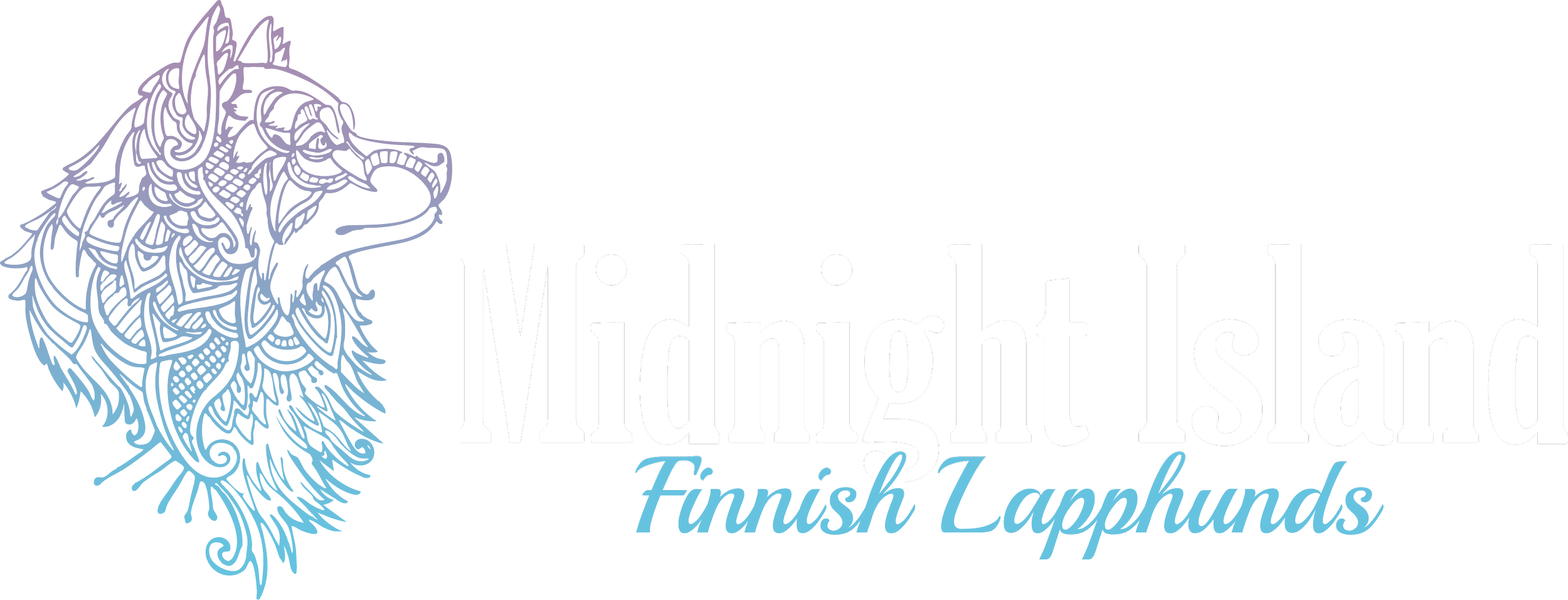 Logo for Midnight Island Funish Lapland featuring a stylized illustrated wolf's head in shades of blue and gray, with the text 'Midnight Island' in bold black letters and 'Funish Lapland' in light blue script underneath.