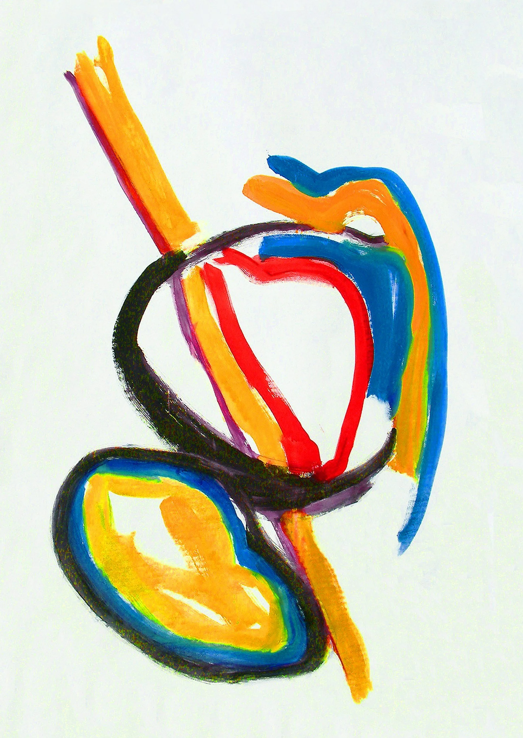 Abstract colorful painting of a human heart with orange, blue, red, yellow, purple, and black strokes on a white background.