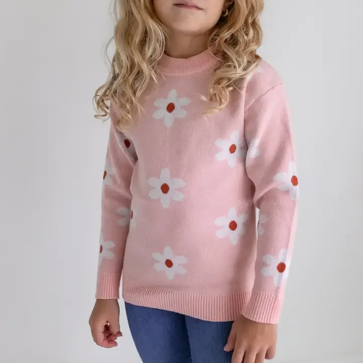 FRONT-Kids Blush Pink Flower Crew Neck Fall Winter Sweater.webp
