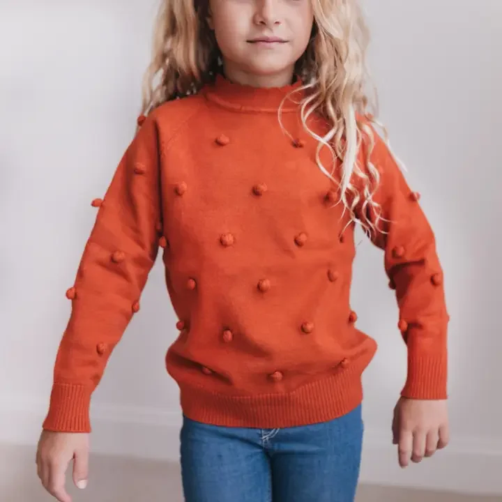 FRONT-Kids Rust Pom Pom Fall Winter Scalloped Crew Neck Sweater.webp