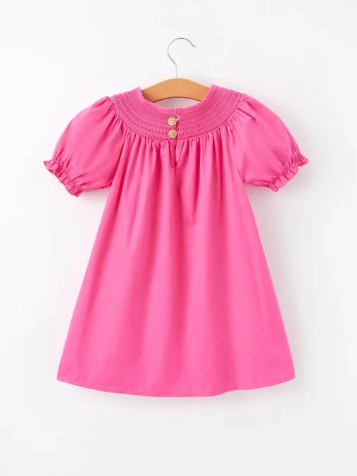 BACK-Girls Bow Smocking Embroidery Hot Pink Dress.webp