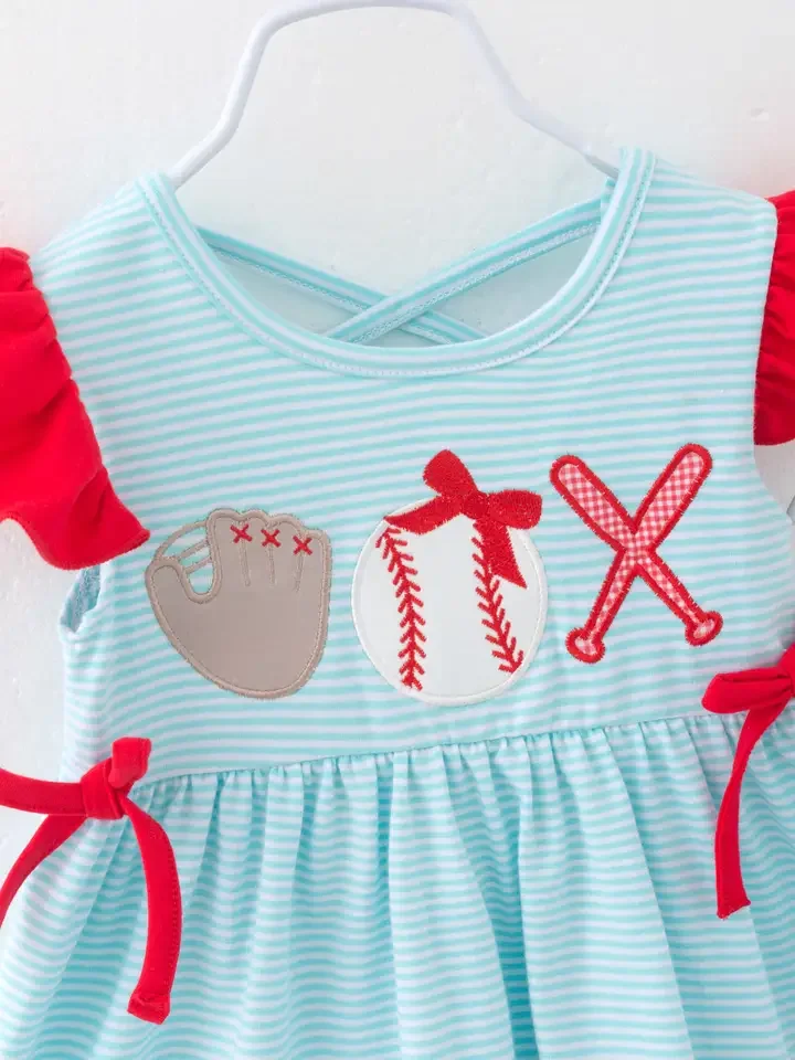 DETAIL-Baseball Blue Red Striped Ruffle Girl Short Set.webp