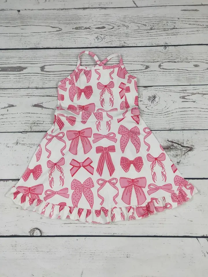 Pink Bow Print Girls Athletic Dresses.webp