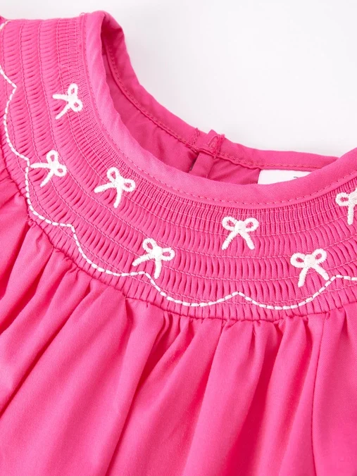 DETAIL-Girls Bow Smocking Embroidery Hot Pink Dress.webp