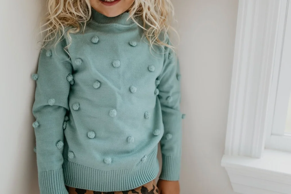 FRONT-Kids Teal Pom Pom Fall Winter Scalloped Crew Neck Sweater.webp