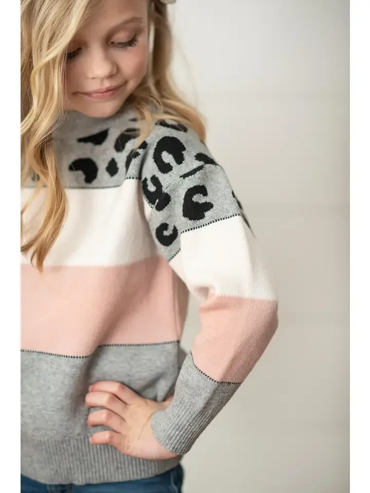 Kids Pink Gray Leopard Stripe Crew Neck Fall Winter Sweater.webp