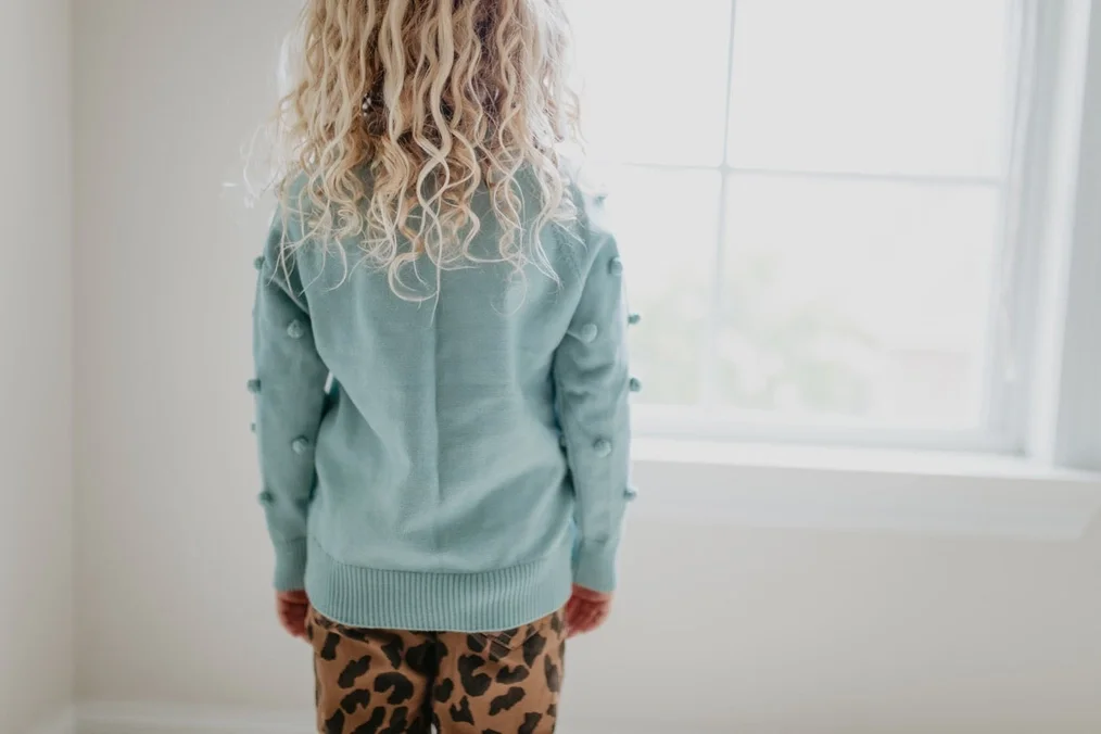 BACK-Kids Teal Pom Pom Fall Winter Scalloped Crew Neck Sweater.webp